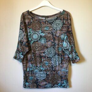 QED London Vintage Y2K Bohemian Mandala Dolman Sleeve Top Size Medium
